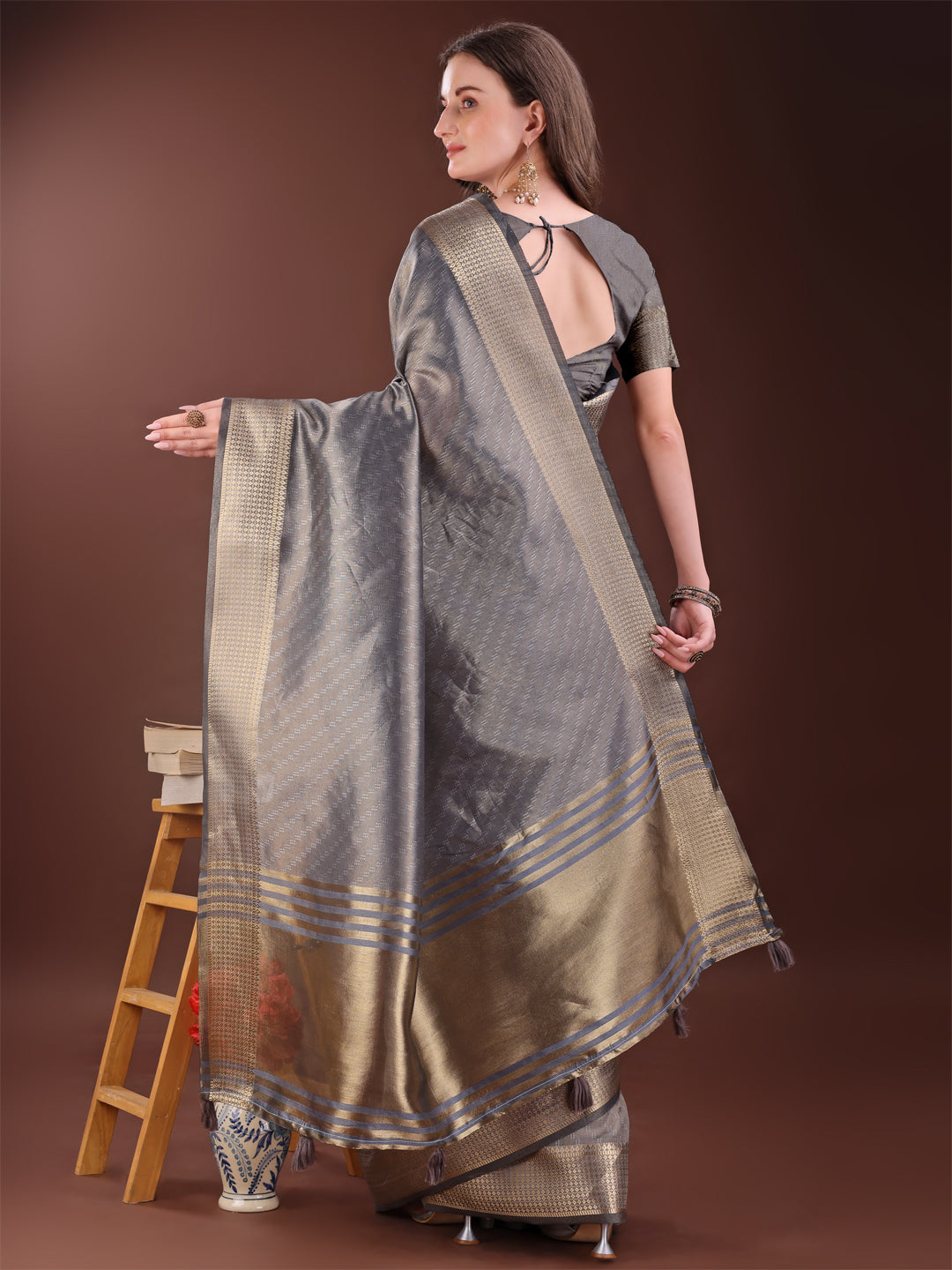 Astita Graceful Grey Organza Saree with Rich Golden Zari Border | Elegant Party Wear Saree with Blouse Piece - Distacart