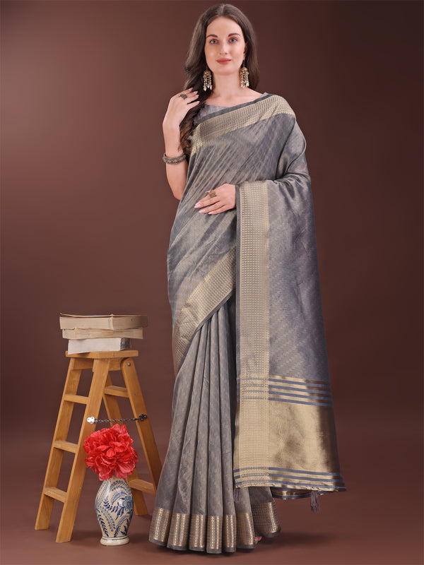 Astita Graceful Grey Organza Saree with Rich Golden Zari Border | Elegant Party Wear Saree with Blouse Piece - Distacart