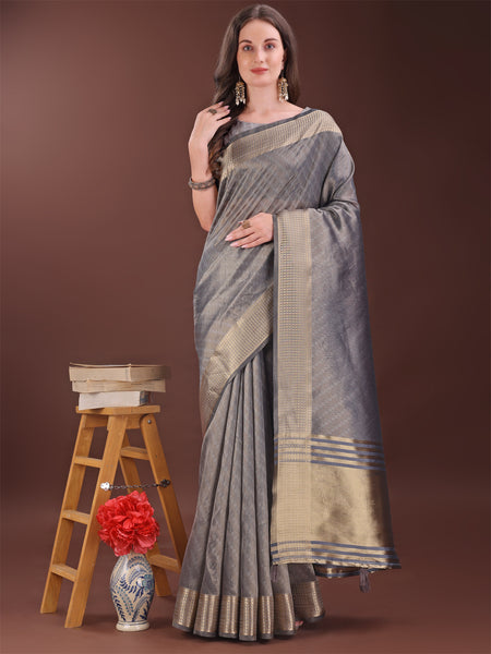 Astita Graceful Grey Organza Saree with Rich Golden Zari Border | Elegant Party Wear Saree with Blouse Piece - Distacart