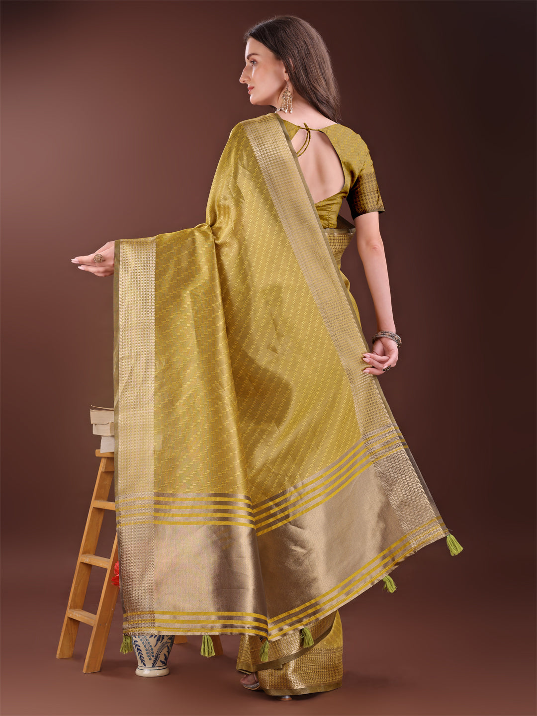 Astita Graceful Mustard Organza Saree with Rich Golden Zari Border | Elegant Party Wear Saree with Blouse Piece - Distacart