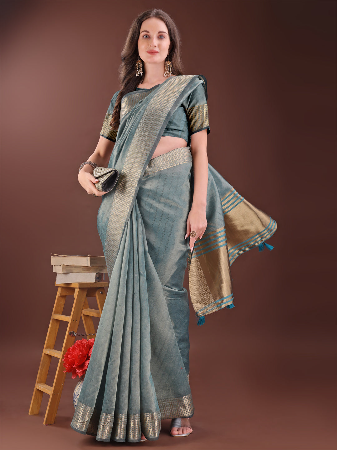 Astita Graceful Sea Green Organza Saree with Rich Golden Zari Border | Elegant Party Wear Saree with Blouse Piece - Distacart