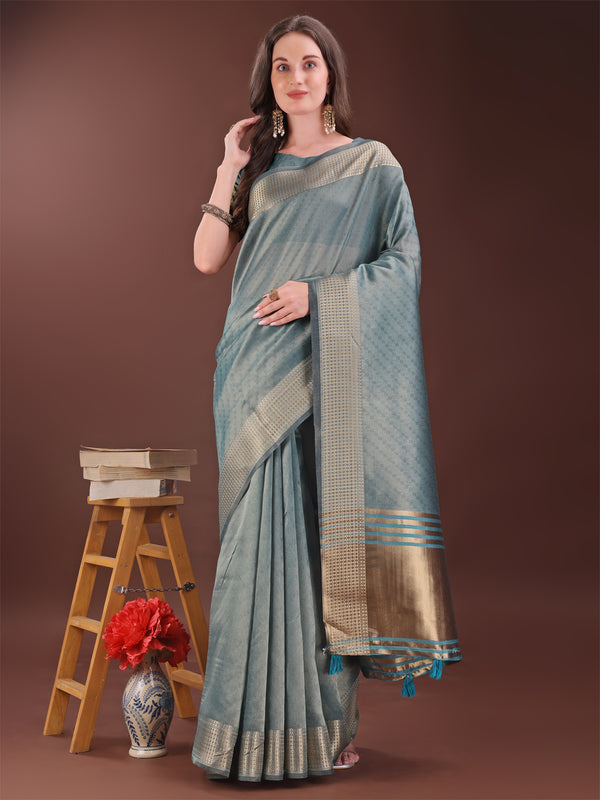 Astita Graceful Sea Green Organza Saree with Rich Golden Zari Border | Elegant Party Wear Saree with Blouse Piece - Distacart