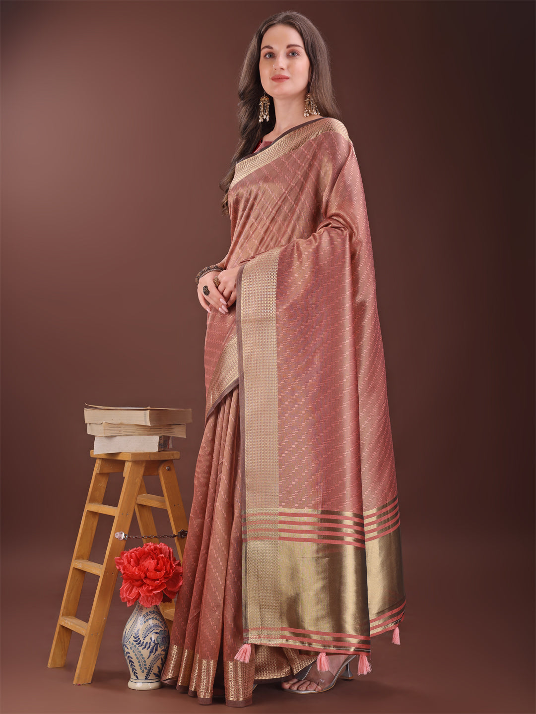Astita Graceful Peach Organza Saree with Rich Golden Zari Border | Elegant Party Wear Saree with Blouse Piece - Distacart
