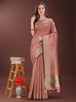 Astita Graceful Peach Organza Saree with Rich Golden Zari Border | Elegant Party Wear Saree with Blouse Piece - Distacart