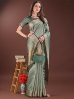 Thumbnail for Astita Graceful Green Organza Saree with Rich Golden Zari Border | Elegant Party Wear Saree with Blouse Piece - Distacart