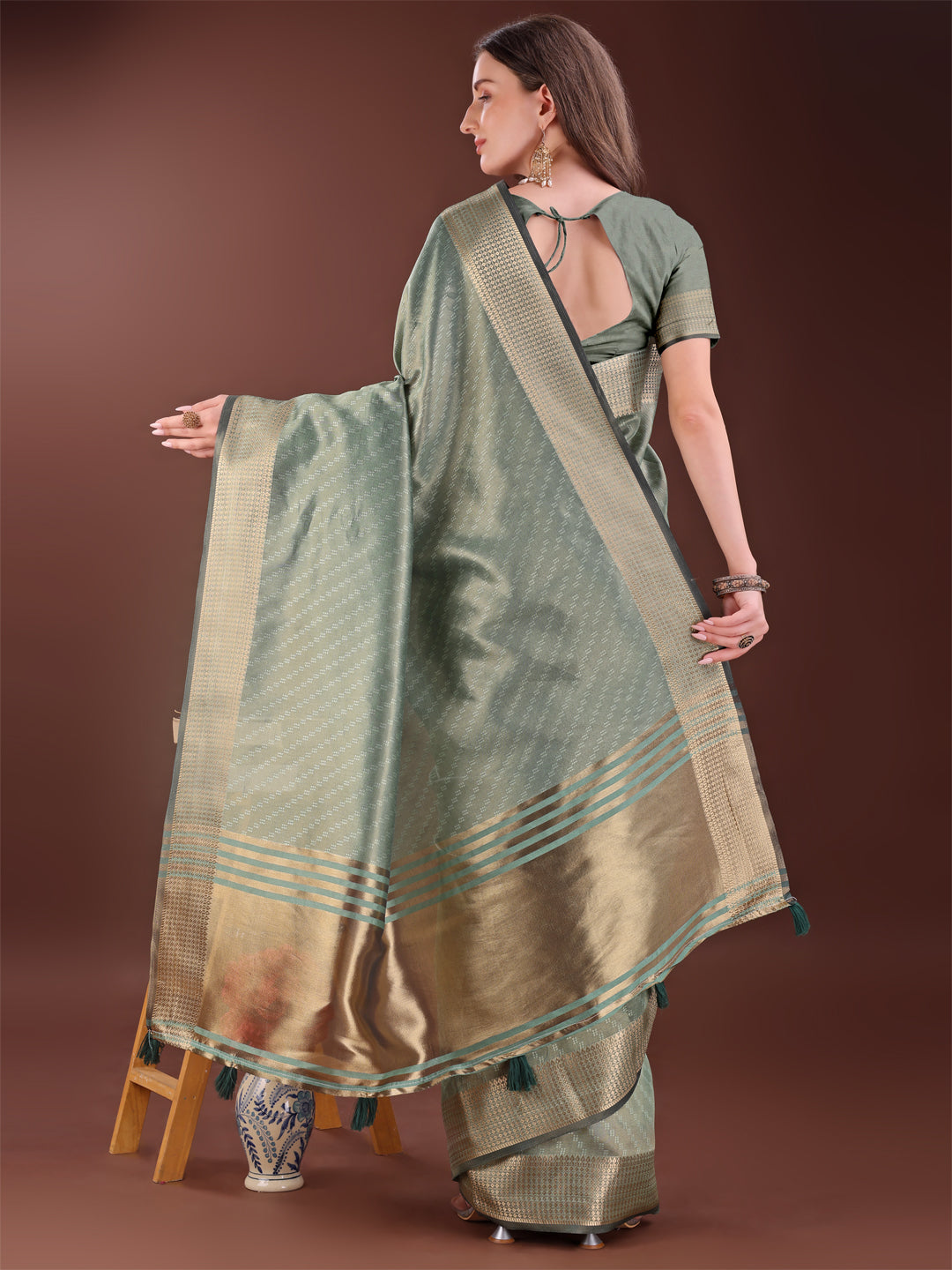 Astita Graceful Green Organza Saree with Rich Golden Zari Border | Elegant Party Wear Saree with Blouse Piece - Distacart