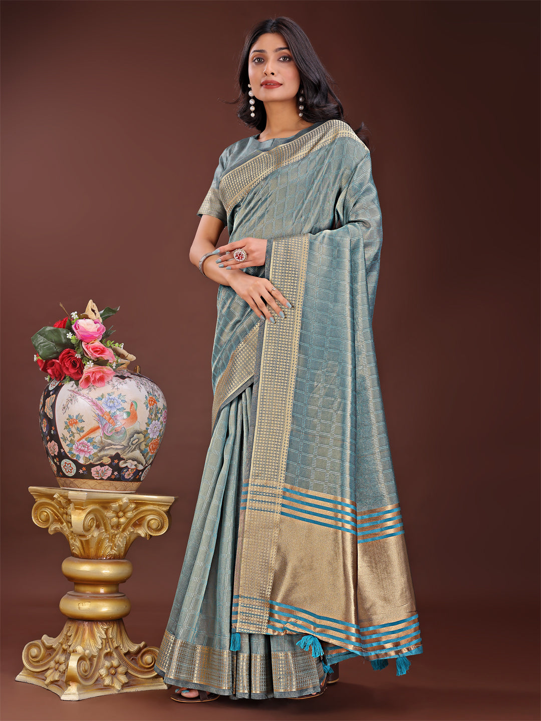 Astita Teal Blue Organza Saree with Golden Zari Border | Elegant Soft Lightweight Party Wear Saree with Blouse - Distacart