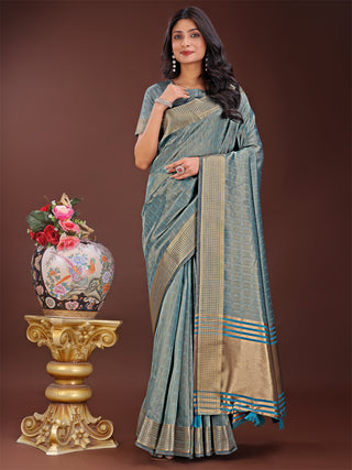 Astita Teal Blue Organza Saree with Golden Zari Border | Elegant Soft Lightweight Party Wear Saree with Blouse - Distacart