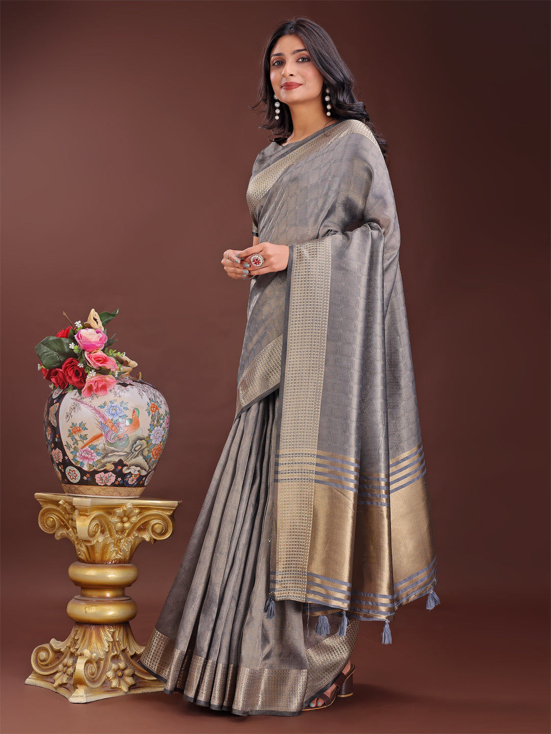 Astita Grey Organza Saree with Golden Zari Border | Elegant Soft Lightweight Party Wear Saree with Blouse - Distacart