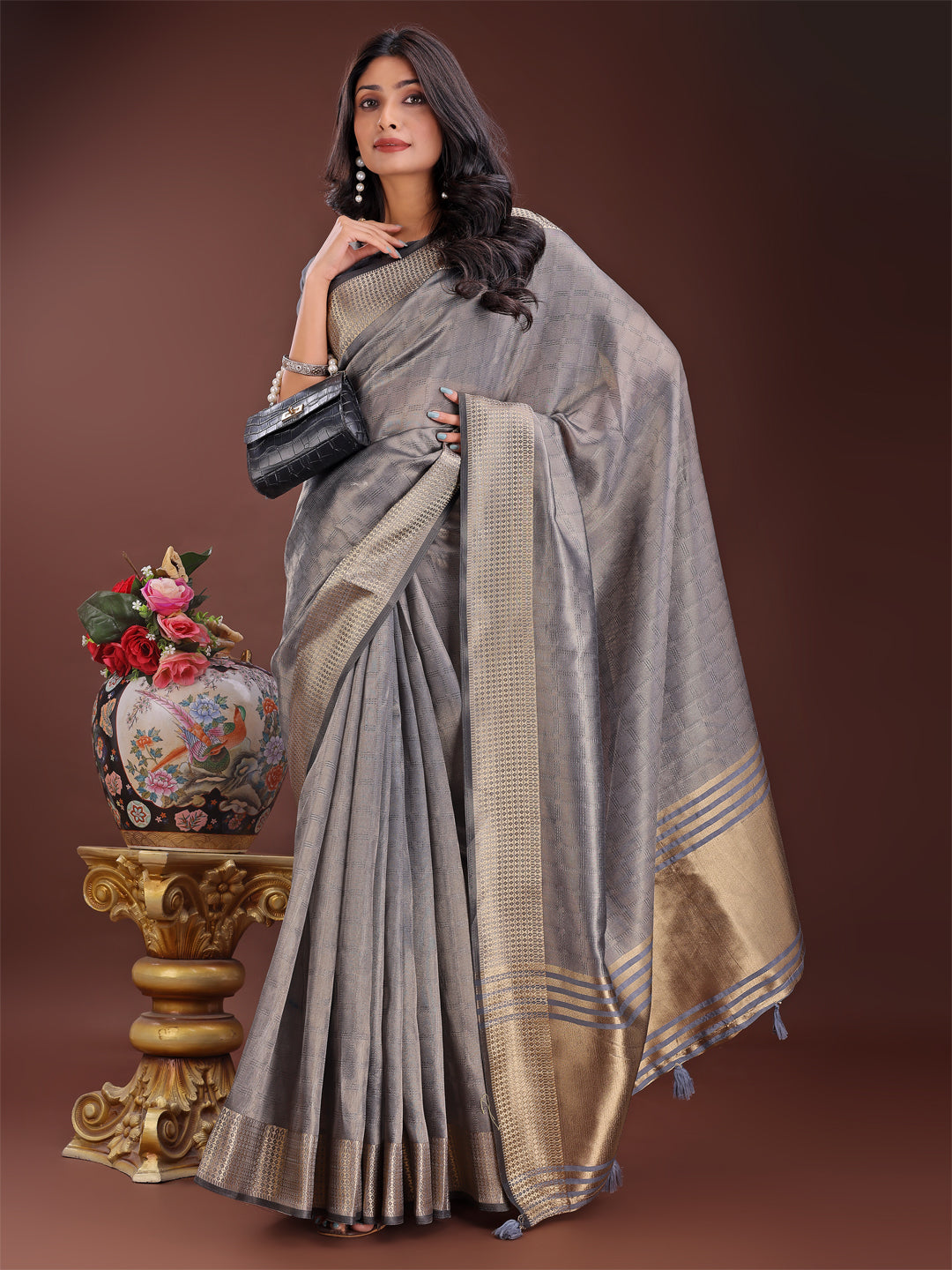 Astita Grey Organza Saree with Golden Zari Border | Elegant Soft Lightweight Party Wear Saree with Blouse - Distacart