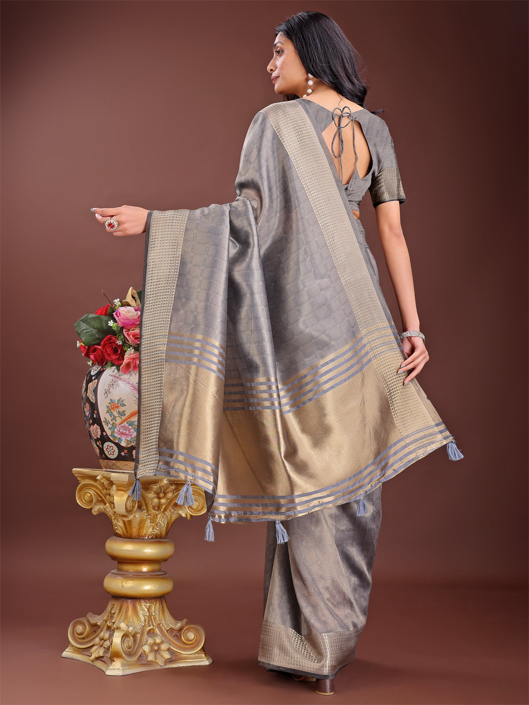 Astita Grey Organza Saree with Golden Zari Border | Elegant Soft Lightweight Party Wear Saree with Blouse - Distacart