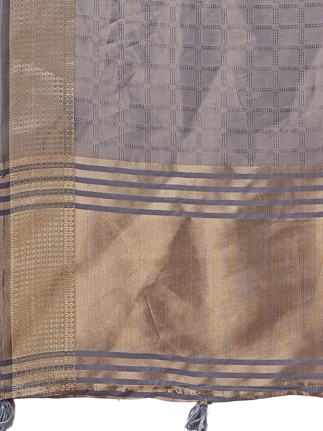 Astita Grey Organza Saree with Golden Zari Border | Elegant Soft Lightweight Party Wear Saree with Blouse - Distacart