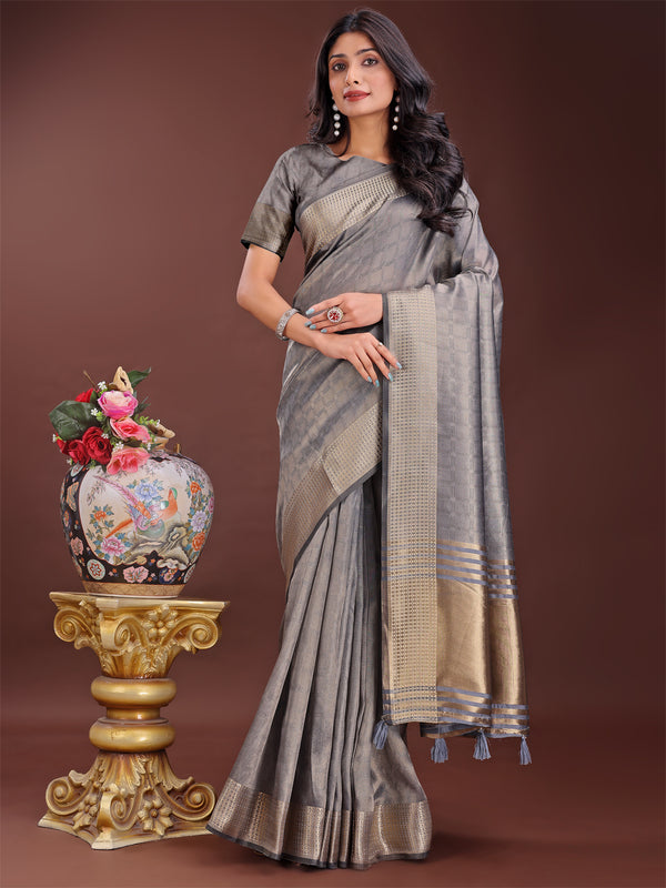 Astita Grey Organza Saree with Golden Zari Border | Elegant Soft Lightweight Party Wear Saree with Blouse - Distacart