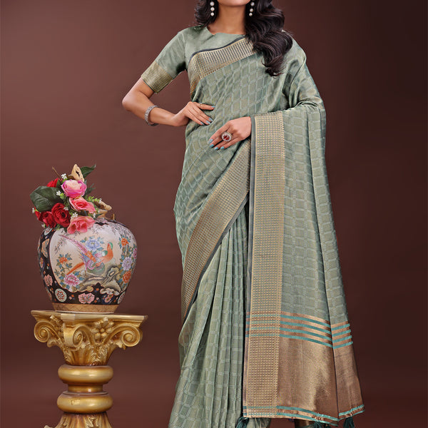 Astita Light Green Organza Saree with Golden Zari Border | Elegant Soft Lightweight Party Wear Saree with Blouse - Distacart