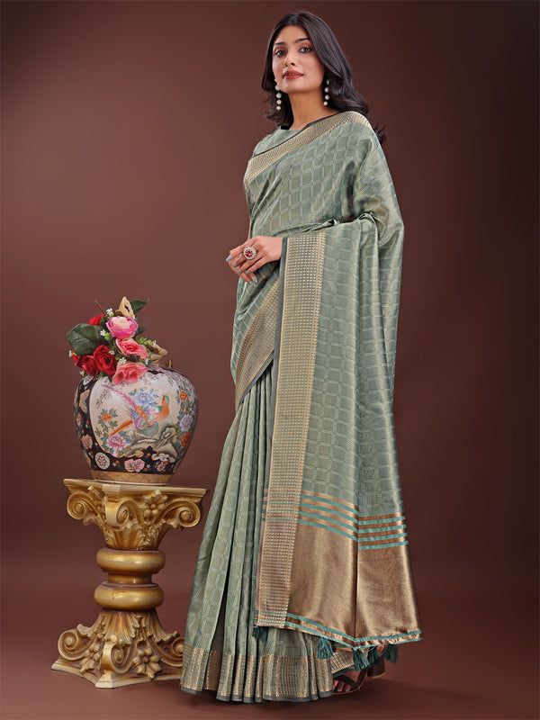 Astita Light Green Organza Saree with Golden Zari Border | Elegant Soft Lightweight Party Wear Saree with Blouse - Distacart
