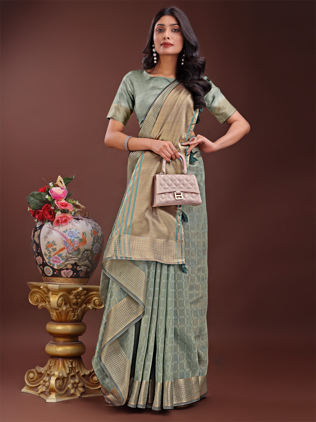 Astita Light Green Organza Saree with Golden Zari Border | Elegant Soft Lightweight Party Wear Saree with Blouse - Distacart