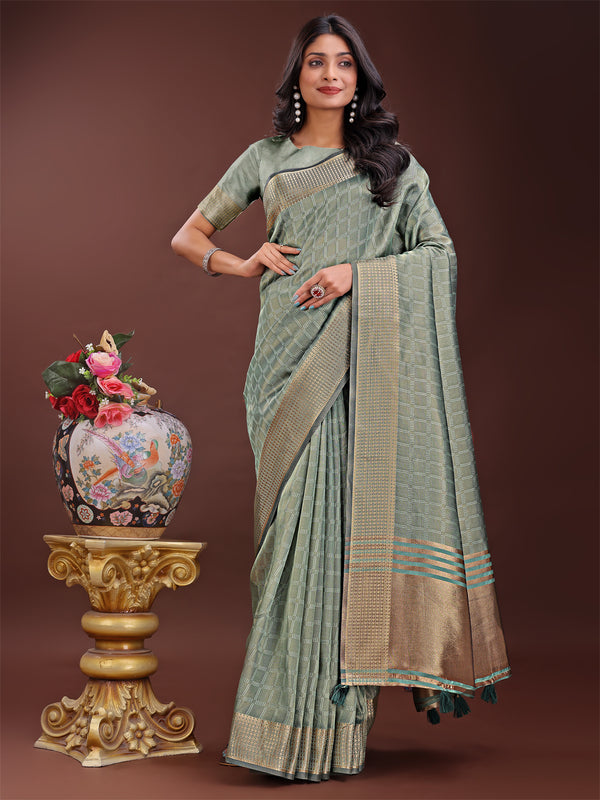 Astita Light Green Organza Saree with Golden Zari Border | Elegant Soft Lightweight Party Wear Saree with Blouse - Distacart