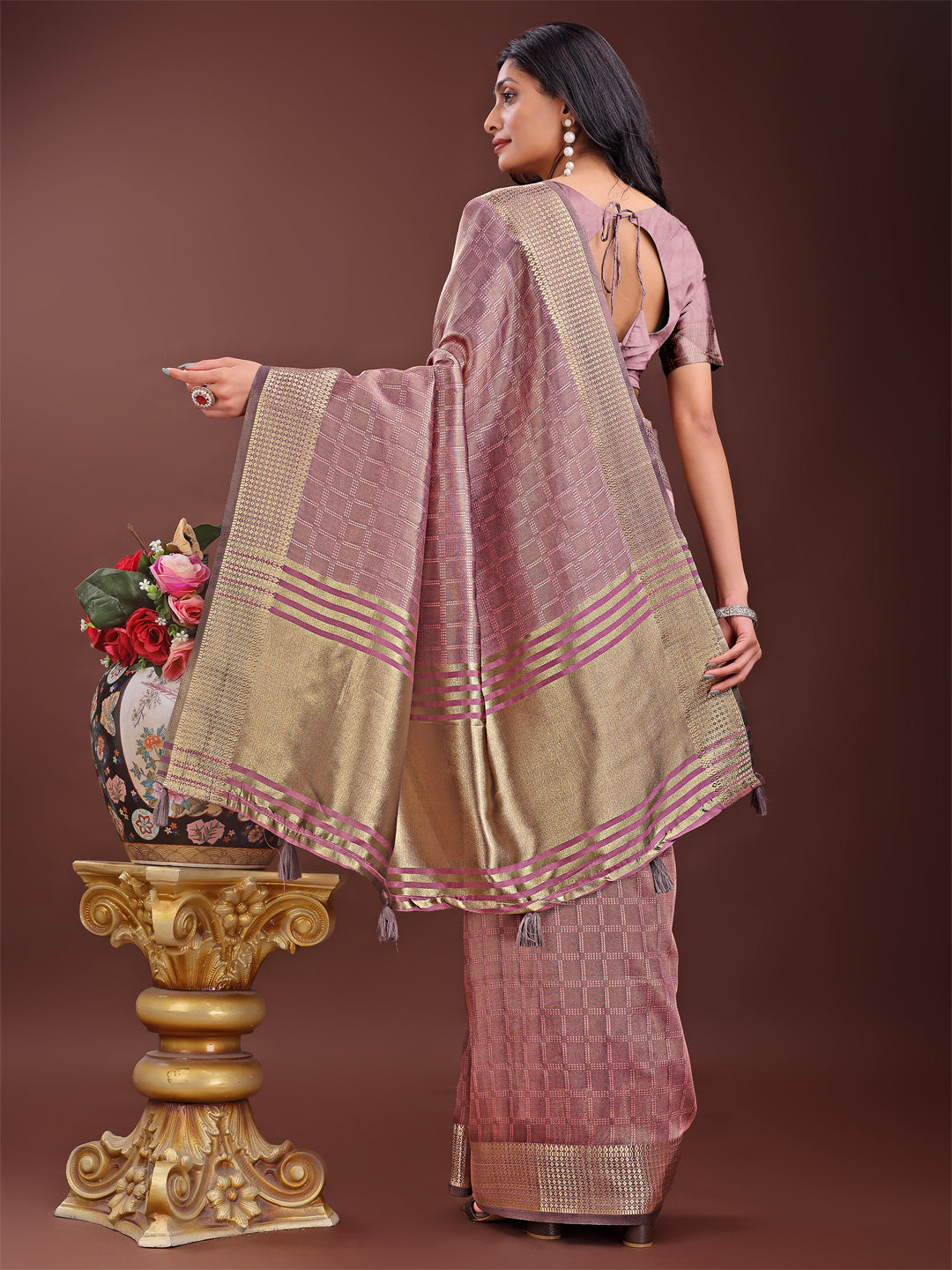 Astita Magenta Organza Saree with Golden Zari Border | Elegant Soft Lightweight Party Wear Saree with Blouse - Distacart
