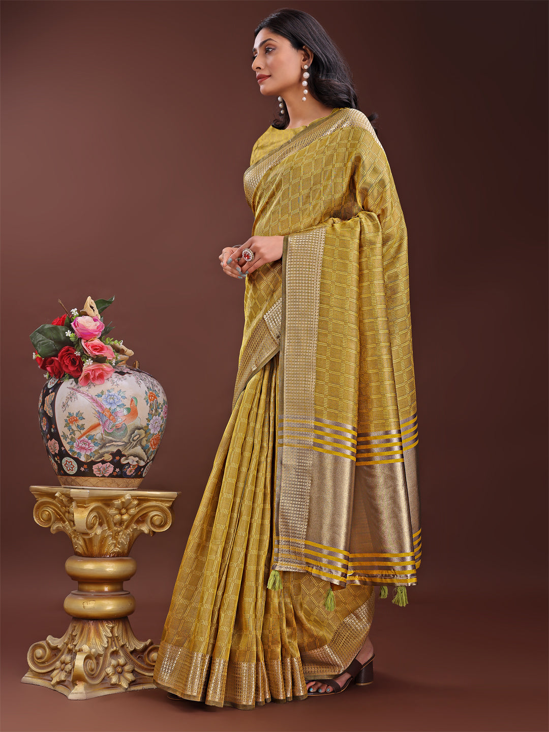 Astita Mustard Organza Saree with Golden Zari Border | Elegant Soft Lightweight Party Wear Saree with Blouse - Distacart