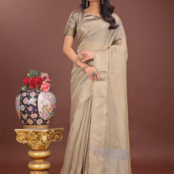 Astita Elegant Beige Linen Saree with Golden Zari Border & Rich Pallu | Soft Drape | Festive & Office Wear - Distacart