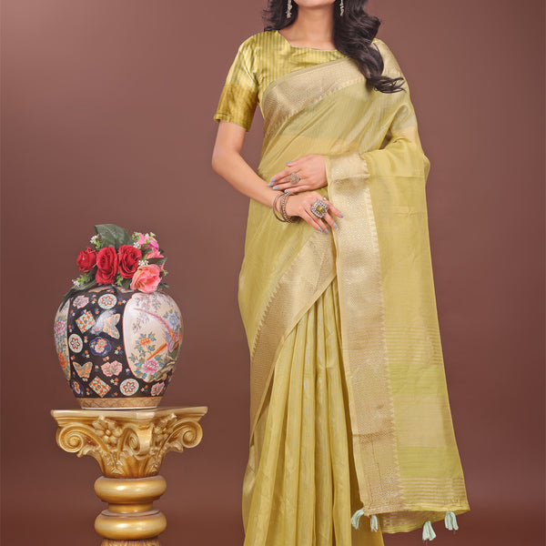 Astita Elegant Mehndi Green Linen Saree with Golden Zari Border & Rich Pallu | Soft Drape | Festive & Office Wear - Distacart