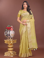 Thumbnail for Astita Elegant Mehndi Green Linen Saree with Golden Zari Border & Rich Pallu | Soft Drape | Festive & Office Wear - Distacart