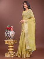 Thumbnail for Astita Elegant Mehndi Green Linen Saree with Golden Zari Border & Rich Pallu | Soft Drape | Festive & Office Wear - Distacart