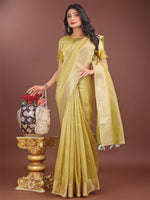 Thumbnail for Astita Elegant Mehndi Green Linen Saree with Golden Zari Border & Rich Pallu | Soft Drape | Festive & Office Wear - Distacart
