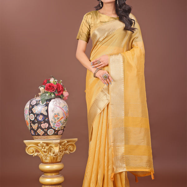 Astita Elegant Yellow Linen Saree with Golden Zari Border & Rich Pallu | Soft Drape | Festive & Office Wear - Distacart