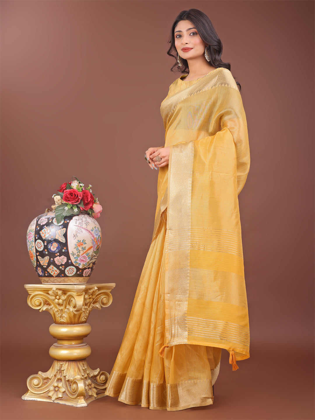 Astita Elegant Yellow Linen Saree with Golden Zari Border & Rich Pallu | Soft Drape | Festive & Office Wear - Distacart