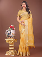 Thumbnail for Astita Elegant Yellow Linen Saree with Golden Zari Border & Rich Pallu | Soft Drape | Festive & Office Wear - Distacart