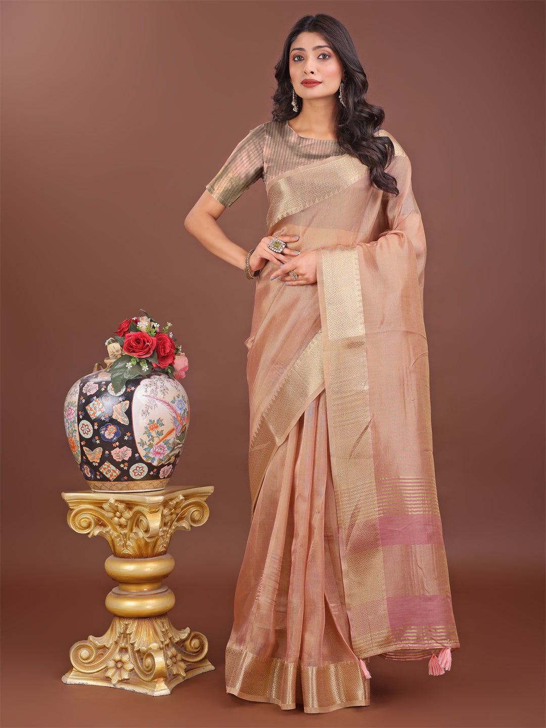 Astita Elegant Peach Linen Saree with Golden Zari Border & Rich Pallu | Soft Drape | Festive & Office Wear - Distacart