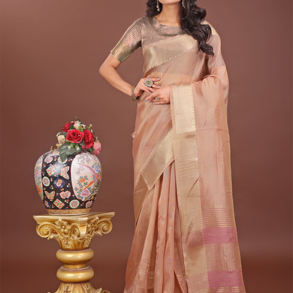Astita Elegant Peach Linen Saree with Golden Zari Border & Rich Pallu | Soft Drape | Festive & Office Wear - Distacart