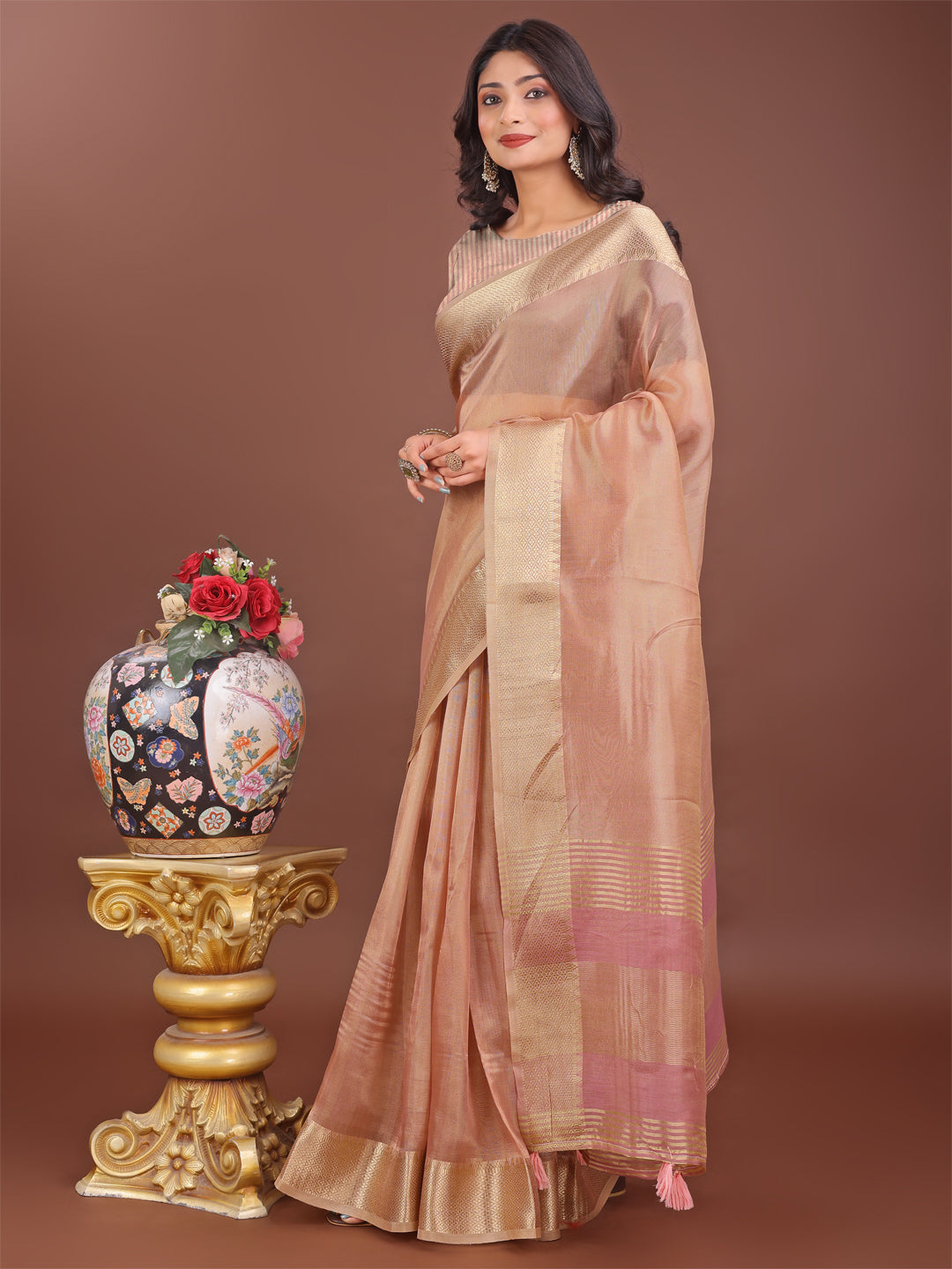 Astita Elegant Peach Linen Saree with Golden Zari Border & Rich Pallu | Soft Drape | Festive & Office Wear - Distacart