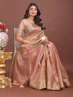 Thumbnail for Astita Elegant Peach Linen Saree with Golden Zari Border & Rich Pallu | Soft Drape | Festive & Office Wear - Distacart