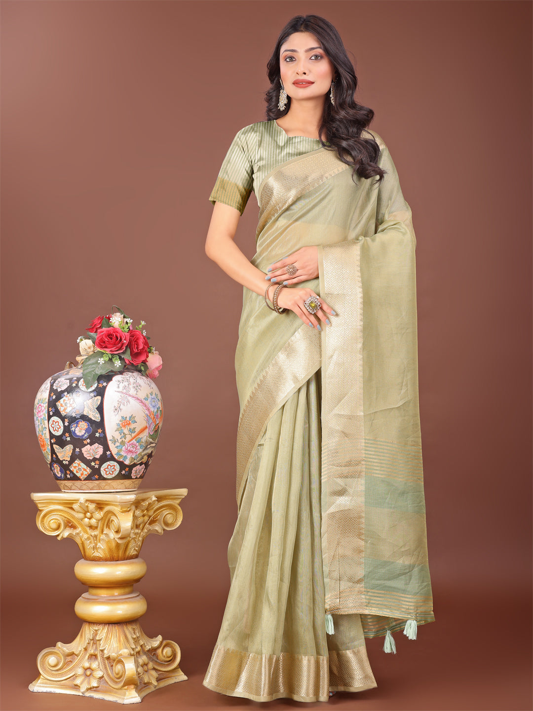 Astita Elegant Light Green Linen Saree with Golden Zari Border & Rich Pallu | Soft Drape | Festive & Office Wear - Distacart