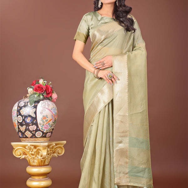 Astita Elegant Light Green Linen Saree with Golden Zari Border & Rich Pallu | Soft Drape | Festive & Office Wear - Distacart