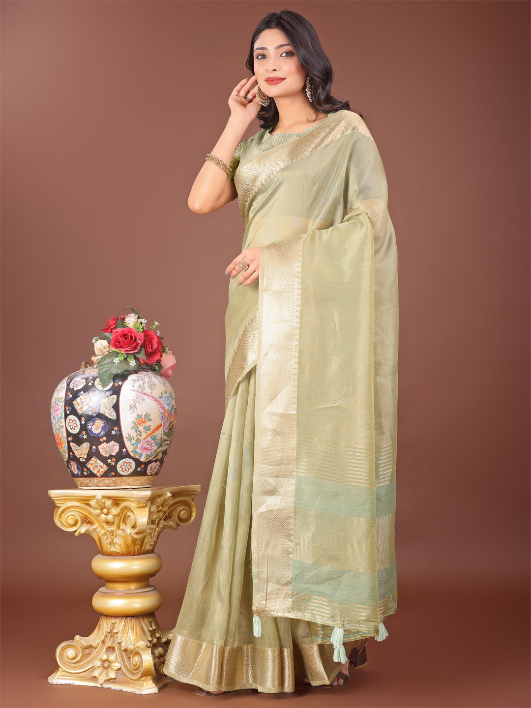 Astita Elegant Light Green Linen Saree with Golden Zari Border & Rich Pallu | Soft Drape | Festive & Office Wear - Distacart