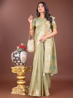 Thumbnail for Astita Elegant Light Green Linen Saree with Golden Zari Border & Rich Pallu | Soft Drape | Festive & Office Wear - Distacart