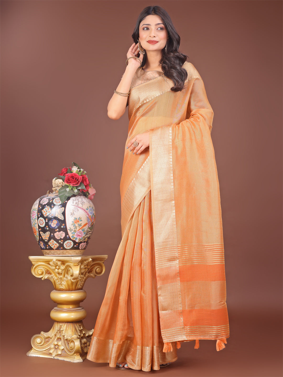 Astita Elegant Orange Linen Saree with Golden Zari Border & Rich Pallu | Soft Drape | Festive & Office Wear - Distacart