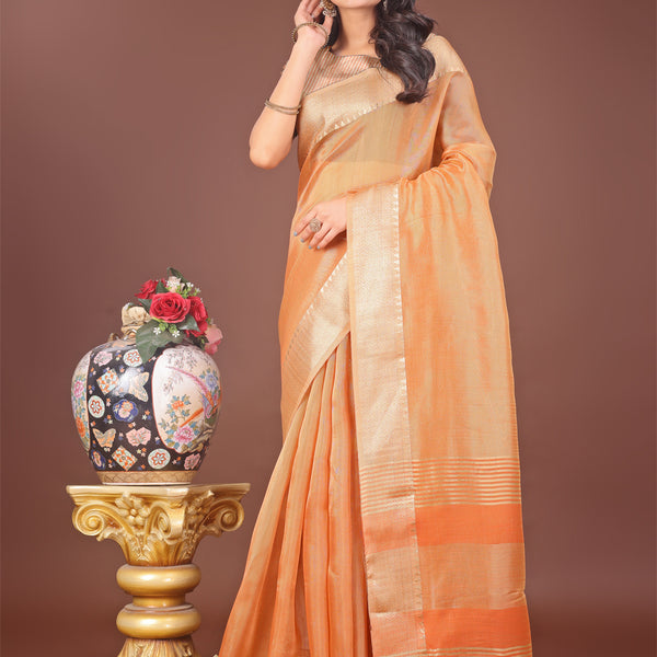 Astita Elegant Orange Linen Saree with Golden Zari Border & Rich Pallu | Soft Drape | Festive & Office Wear - Distacart
