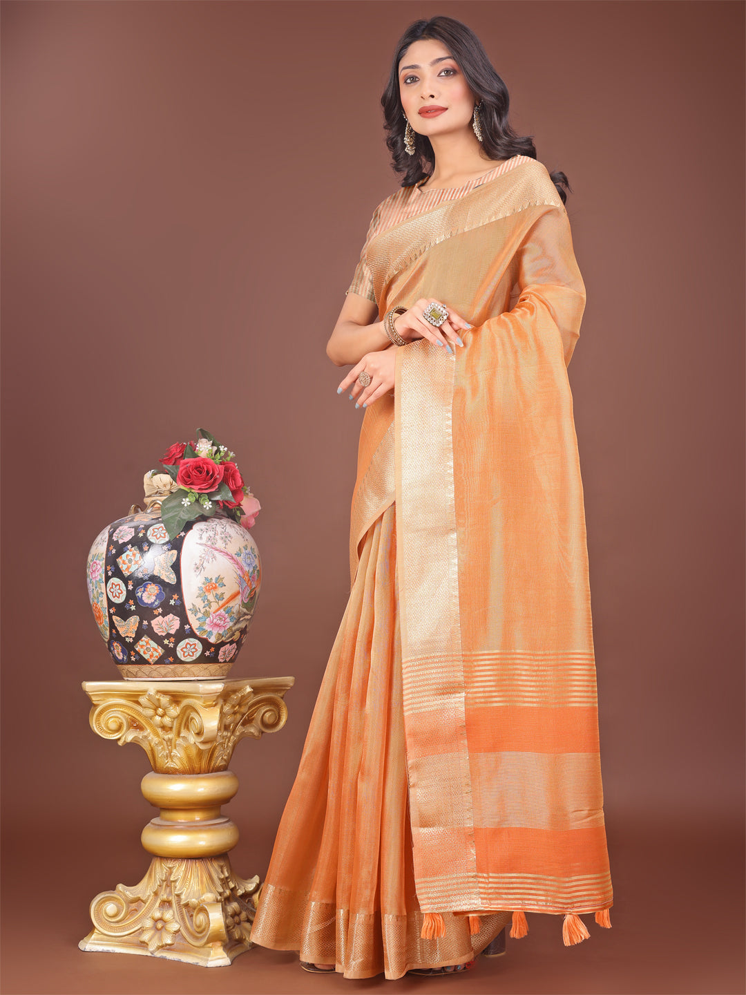 Astita Elegant Orange Linen Saree with Golden Zari Border & Rich Pallu | Soft Drape | Festive & Office Wear - Distacart