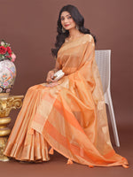 Thumbnail for Astita Elegant Orange Linen Saree with Golden Zari Border & Rich Pallu | Soft Drape | Festive & Office Wear - Distacart