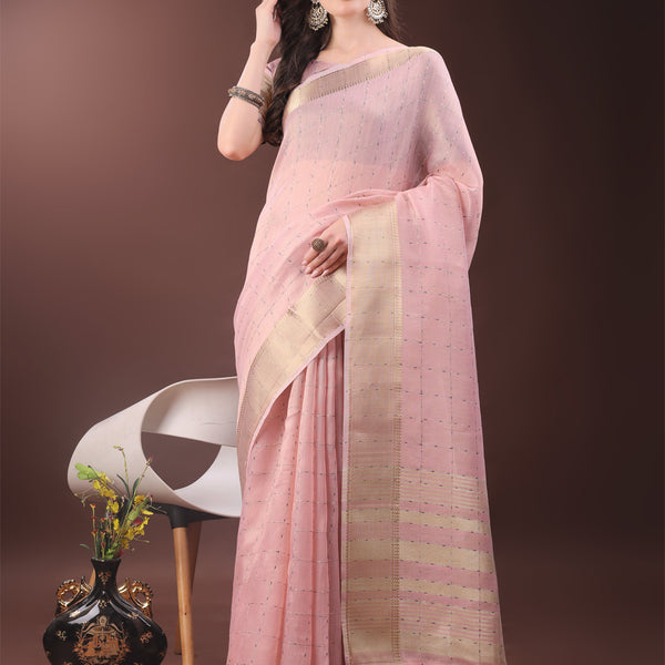 Astita Elegant Light Pink Organza Saree with Golden Zari Border & Designer Tassels | Lightweight Partywear Saree - Distacart