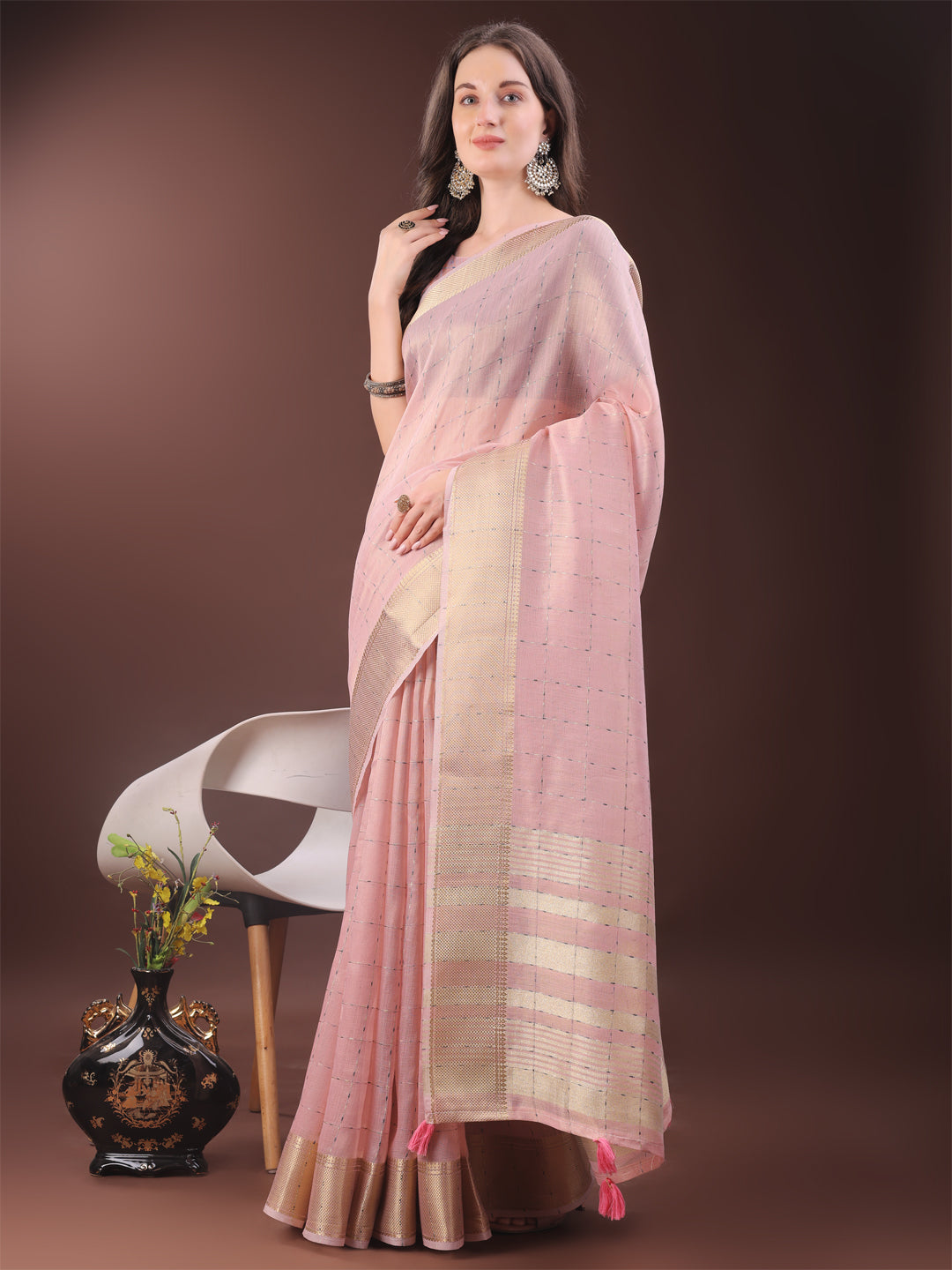 Astita Elegant Light Pink Organza Saree with Golden Zari Border & Designer Tassels | Lightweight Partywear Saree - Distacart