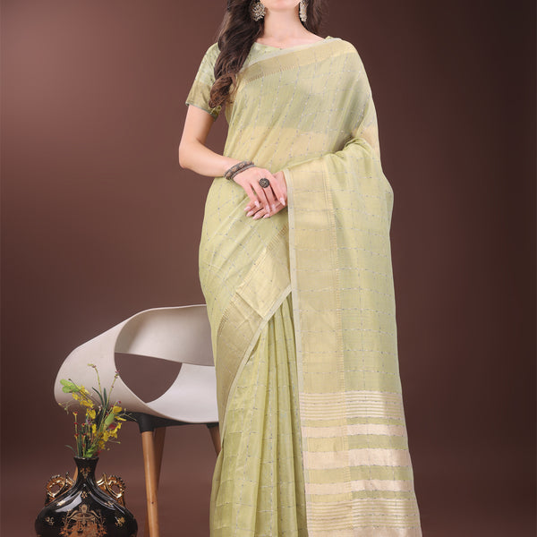 Astita Elegant Light Green Organza Saree with Golden Zari Border & Designer Tassels | Lightweight Partywear Saree - Distacart