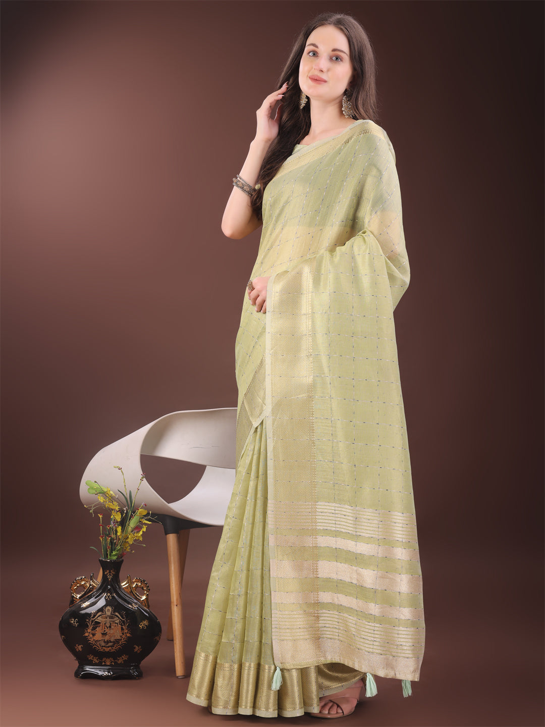 Astita Elegant Light Green Organza Saree with Golden Zari Border & Designer Tassels | Lightweight Partywear Saree - Distacart