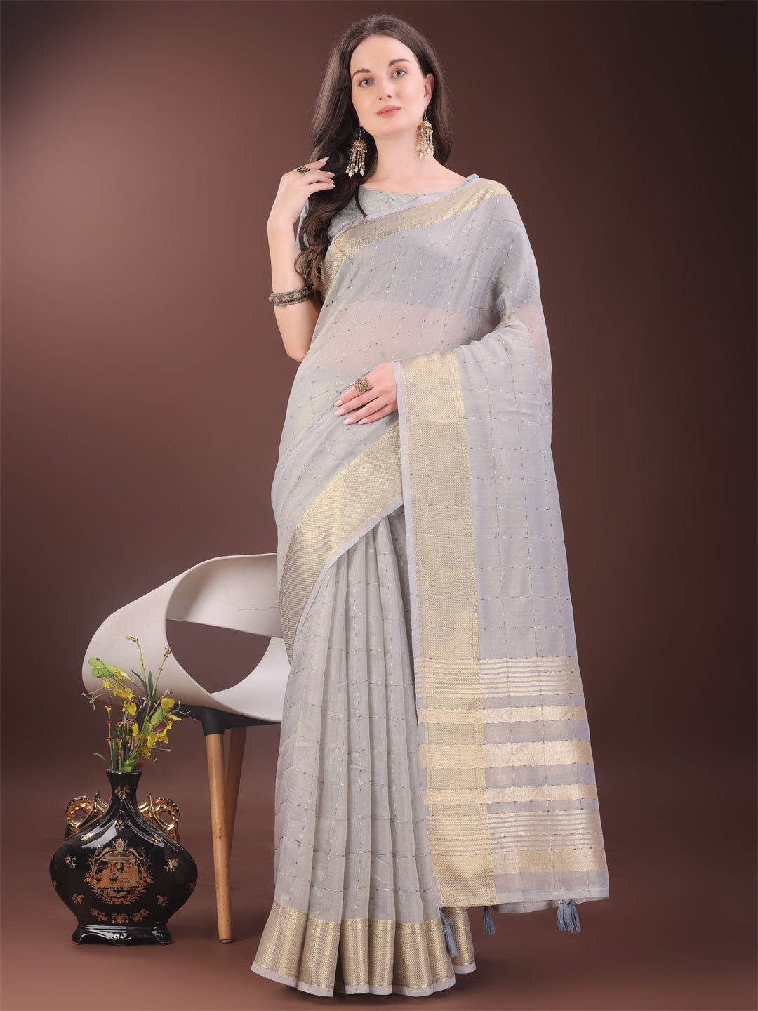 Astita Elegant Grey Organza Saree with Golden Zari Border & Designer Tassels | Lightweight Partywear Saree - Distacart