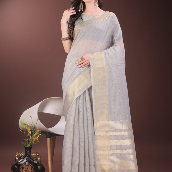 Astita Elegant Grey Organza Saree with Golden Zari Border & Designer Tassels | Lightweight Partywear Saree - Distacart