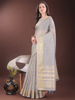 Thumbnail for Astita Elegant Grey Organza Saree with Golden Zari Border & Designer Tassels | Lightweight Partywear Saree - Distacart